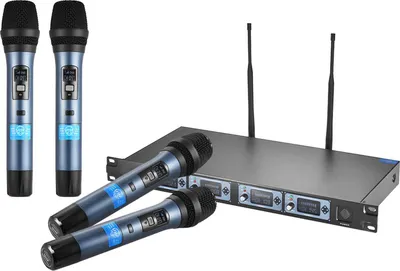 Zdjęcie produktu dla Profesjonalny 4-kanałowy bezprzewodowy system mikrofonowy 4D UHF 4 mikrofony 1 odbiornik bezprzewodowy Kabel audio 6,35 mm Wyświetlacz LCD do karaoke
