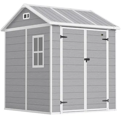 Image de Abri de jardin gris, 181x181x220 cm, en plastique, servant de local de rangement pour outils, avec plaque de base, fenêtre et ventilation. Double porte verrouillable, cabane de jardin résistante aux intempéries, toit à deux pans
