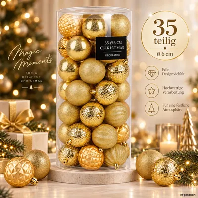 Produktbild von Weihnachtskugeln Gold 35 Stück Ø 6 cm – Bruchsichere, edle Christbaumkugeln in matt, glänzend & glitzernd – Weihnachtsdeko Set, KI-generiertes Bild