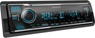 A black car stereo with a digital display and various buttons.