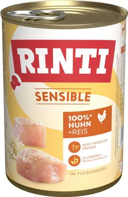 A can of dog food with images of chicken and rice.