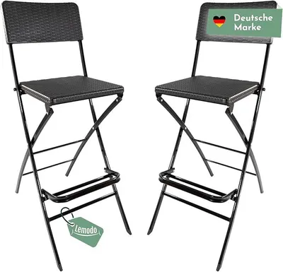 Zdjęcie produktu dla Zestaw dwóch stołków barowych, składane krzesła barowe z podnóżkiem, stołki kuchenne wytrzymujące obciążenie do 120 kg, stołki barowe z oparciem i siedziskiem z tworzywa sztucznego imitującego rattan, krzesła barowe