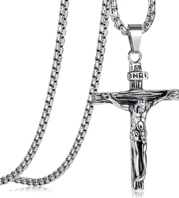 Image de Collier croix hommes acier inoxydable pendentif Jésus 61 cm argent/or/noir