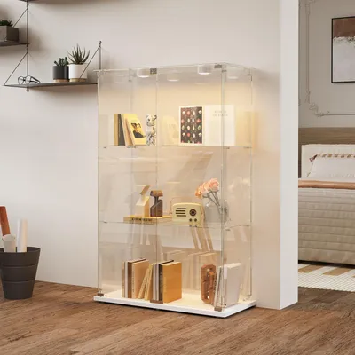 Immagine prodotto di Vetrina illuminata, con 3 ripiani, realizzata in vetro temperato, dotata di serratura, dimensioni 78,5 x 35 x 117 cm, colore bianco, con 2 ante