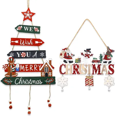 Produktbild von Weihnachtsdekoration – Set aus 2 – Holz – Aufschrift: "Frohe Weihnachten" – für Tür oder Wand