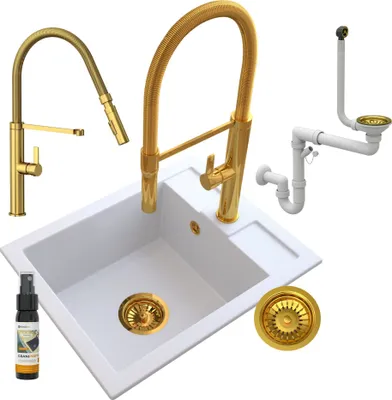 Produktbild von Granitan | Granitspüle - BEST - mit goldfarbener Armatur - mit Siphon - 1-Becken - Weiß - 50 x 40 cm