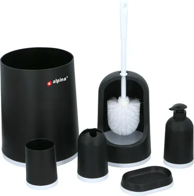 Produktbild von 6-teiliges Badezimmer-Set in schwarz mit Zahnputzbecher, Zahnbürstenhalter, Seifenspender, Seifenschale, Toilettenbürste mit Halter und Abfallbehälter, Kunststoff, schwarz