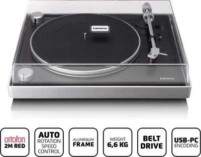 Zdjęcie produktu dla Lenco L-455BK - Gramofon z widocznym napędem paskowym, ramą ze szczotkowanego aluminium i wkładką Ortofon 2M RED - Czarny