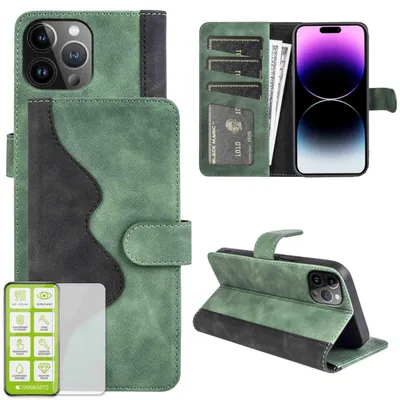 Productafbeelding van Voor Apple iPhone 15 Pro: Design telefoonhoesje, groene kleur, kunstleer, hoesje + H9 hardglas