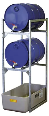 Immagine prodotto di Portafusti per 2 fusti da 60 l, in acciaio zincato, con vaschetta di raccolta in PRFV da 65 l, LxPxH 450x820x1310 mm