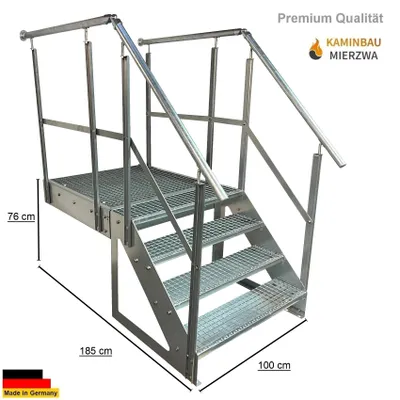 Zdjęcie produktu dla Schody na podest Schody stalowe wolnostojące 4 stopnie Wysokość 76cm wraz z podestem 100x100cm z balustradą Ocynkowane Schody wyrównujące przód (przód) Schody zewnętrzne