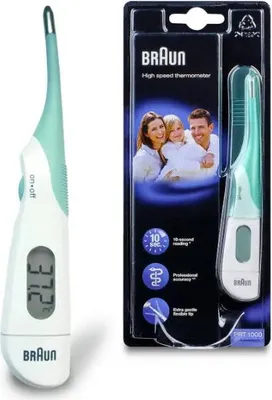 A digital thermometer and its packaging are shown side-by-side.