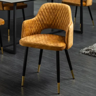 Produktbild von riess-ambiente Design Stuhl PARIS senfgelb Samt mit Armlehnen Ziersteppung goldene Fußkappen Esszimmerstuhl Essstuhl Stuhl