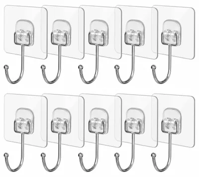 10 selbstklebende Haken, extra stark, transparent, 15 kg, 180° drehbar