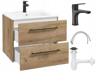 A bathroom vanity with a sink, faucet, and plumbing accessories, displayed against a white background.