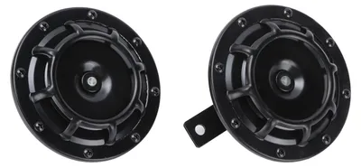 Zdjęcie produktu dla Para 120 mm 115 dB uniwersalnych czarnych klaksonów ślimakowych do samochodów, motocykli, skuterów, ciężarówek, stalowych stopów 12 V