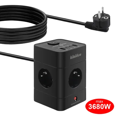 Produktbild von Steckdosenwürfel K-CZ01BK 8 in 1 Steckdosenadapter Steckdosenleiste Mehrfachsteckdose Steckdose 3680W mit USB Typ C 2M Kupfer Kabel