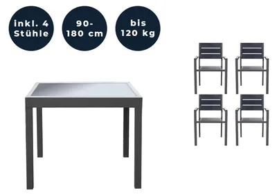 Produktbild von HOME DELUXE - Gartentisch ausziehbar - VERANO - ca. 90 (180) x 90 x 75 cm - inkl. 4 Stühlen, Gestell Aluminium, Tischplatte Glas,inkl. Zubehör I Gartenmöbel Ausziehtisch Balkonset