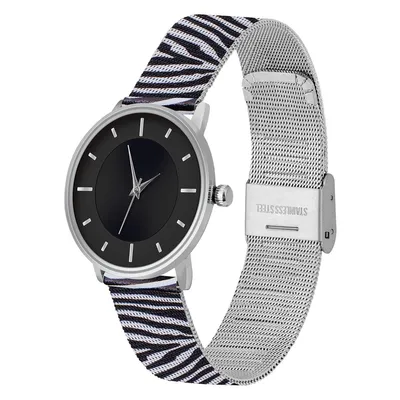 Produktbild von Damen Armbanduhr Zebra schwarz weiss animal print Edelstahl Milanaise Mesh Armband Geschenk 22428