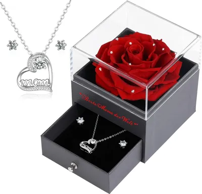 A gift set for mom, featuring a preserved red rose in a clear-lidded box and a silver necklace with earrings, also displayed inside a drawer of the box.