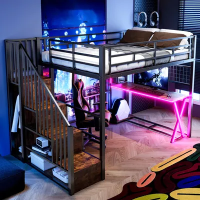 Immagine prodotto di MODFU Letto a castello, letto per studenti, letto in metallo 140×200 cm, scala di stoccaggio, scrivania, armadio, scaffale, senza materasso, striscia luminosa sulla gamba, nero