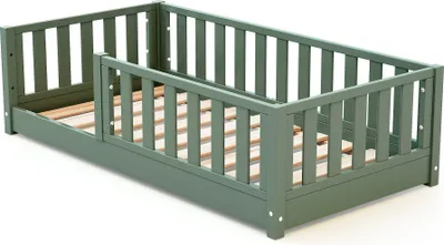 Immagine prodotto di JURABABY - Letto per bambini a terra in legno 70x140 cm SONHO MINI - Verde salvia | Con sponda laterale sinistra o destra rimovibile | Letto per bambini con rete a doghe