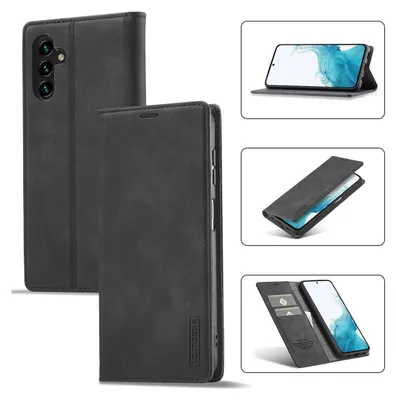 Collage of images showing a black leather phone case for a Samsung Galaxy A14, demonstrating its features like stand function and card slots.