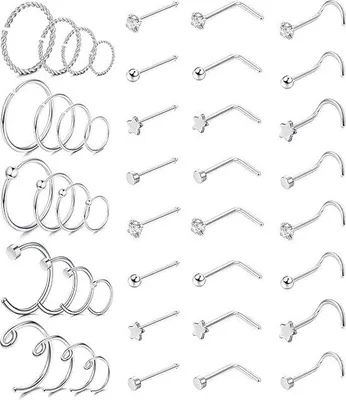 Zdjęcie produktu dla Zestaw 44-elementowy do piercingu nosa Unyqoos® wykonany ze stali nierdzewnej 316L, rozmiar 20G (0,8 mm), kolor srebrny – zawiera: pierścionki o średnicach 6/8/10/12 mm, zagięte i proste zapięcia, oraz elementy z cyrkoniami/kulki o średnicach 2/3 mm, przeznaczony dla kobiet i mężczyzn