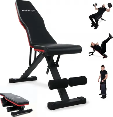 A collage of images showing a black and red adjustable weight bench and people using it for exercises.