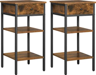 Two identical industrial-style side tables with a rustic brown wood finish and black metal frames are displayed side-by-side against a white background.