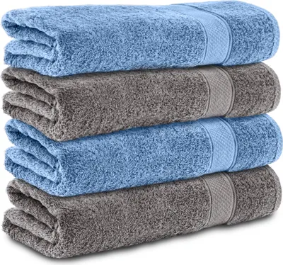 Produktbild von Komfortec 4er Duschtücher 70x140 cm Set aus 100% Baumwolle, 470g/m², Frottee, Weich, Anthrazit Grau/Hellblau