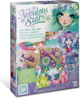The image shows the packaging of a Nebulous Stars Glitter & Foil Art kit, featuring colorful illustrations of characters and art examples.