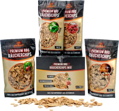 Produktbild von XL Premium Räucherchips Mix - sehr rauchaktives Räucherholz / Holzhackschnitzel - Vorteilspack 4er Set
