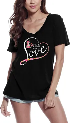 Produktbild von Damen Grafik T-Shirt V-Ausschnitt Katzen lieben – Cats Love – Öko-Verantwortlich Vintage Jahrgang Kurzarm Lustige Druck Geburtstag Geschenk Frau