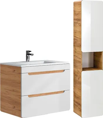 Zdjęcie produktu dla Wisząca szafka pod umywalkę z wbudowaną umywalką i wysoką szafką łazienkową - kolory drewna i biały - 80 cm - ARUBA
