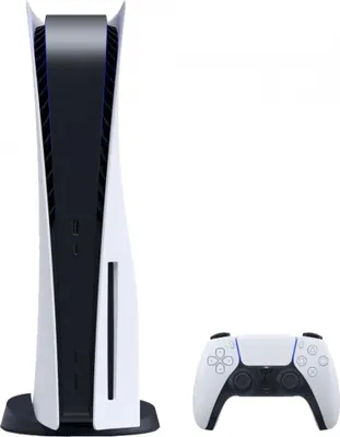 A PlayStation 5 console and controller are shown against a white background.