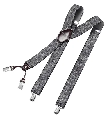 Produktbild von DonDon Herren Hosenträger 3,5 cm breit 4 Clips mit braunem Leder in Y-Form elastisch und längenverstellbar - Paisley grau
