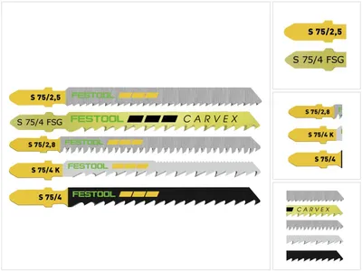 A collection of jigsaw saw blades with labels indicating their specifications.