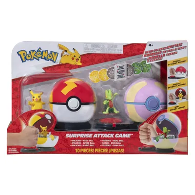 Produktbild von Pokémon Surprise Attack Game Pikachu (weiblich) mit Turboball vs. Geckarbor mit Heilball