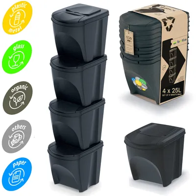 Obrázek produktu pro Sada 4 odpadkových košů ECO systém třídění odpadu - Sada 4x25L odpadkových košů v antracitové barvě pro stohování Kompaktní modulární a lehké Jednoduché třídění odpadu z domácnosti Obsahuje přírodní dřevo