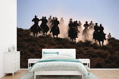 Produktbild von MuchoWow® Fototapete für Wohnzimmer oder Schlafzimmer Wandtapete Vinyl Motivtapete Cowboys auf Pferden - 525x350 cm - Das Hintergrundbild