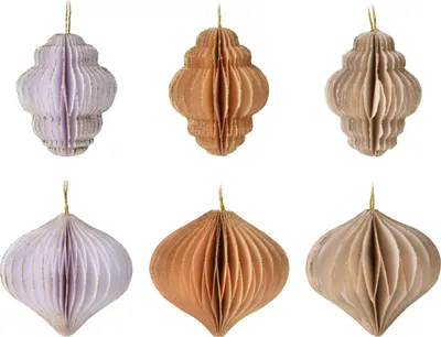 Six paper ornaments in three different colors arranged in two rows.