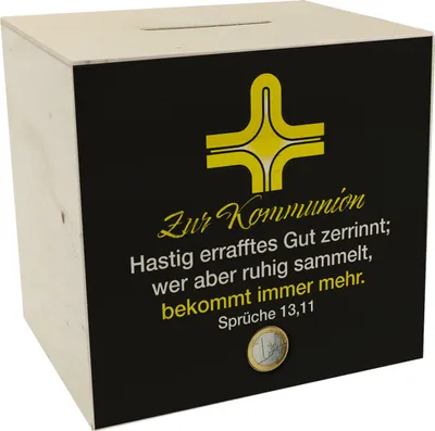 Produktbild von Sprüche 13,11 Bibelvers Spardose aus Holz in schwarz zur Kommunion