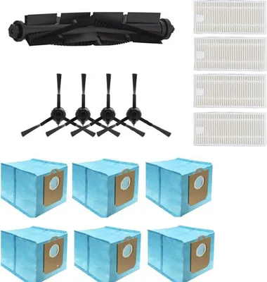 A collection of vacuum cleaner replacement parts, including a brush roll, side brushes, filters, and dust bags.