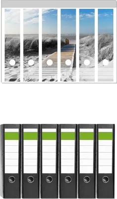 Produktbild von Wallario 6 Stück breite Ordner inkl. Klebeetiketten mit Motive Auf dem Holzweg zum Strand in schwarz-weiß Optik -  Set mit Rückenschildern / Ordnerrücken Stickern