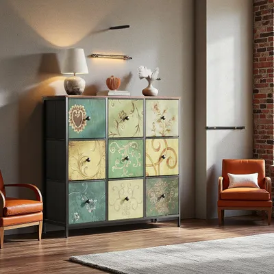 Produktbild von INONEFT Kommode aus Stoff mit 9 Schubladen, Organizer mit Stahlrahmen, Schlafzimmer-Kommode, Schrank für Wohnzimmer, Flur, Schlafzimmer, 100x30x87cm