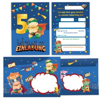 12 Einladungskarten + Umschläge Dinosaurier 5. Geburtstag