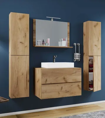 Produktbild von VCM 5-tlg. Waschplatz Waschtisch | Waschbecken Unterschrank Breite 60 cm | Badmöbel Set mit Schubladen Drehtüren Spiegel | Lendas XL Schublade
