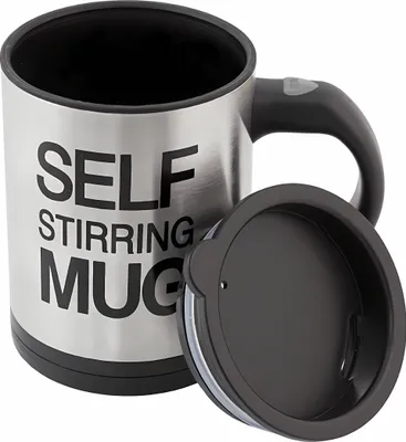 A self-stirring mug with its lid off, placed on a white background.