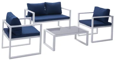 Image de Salon de jardin IBIZA en tissu bleu 4 places - aluminium blanc